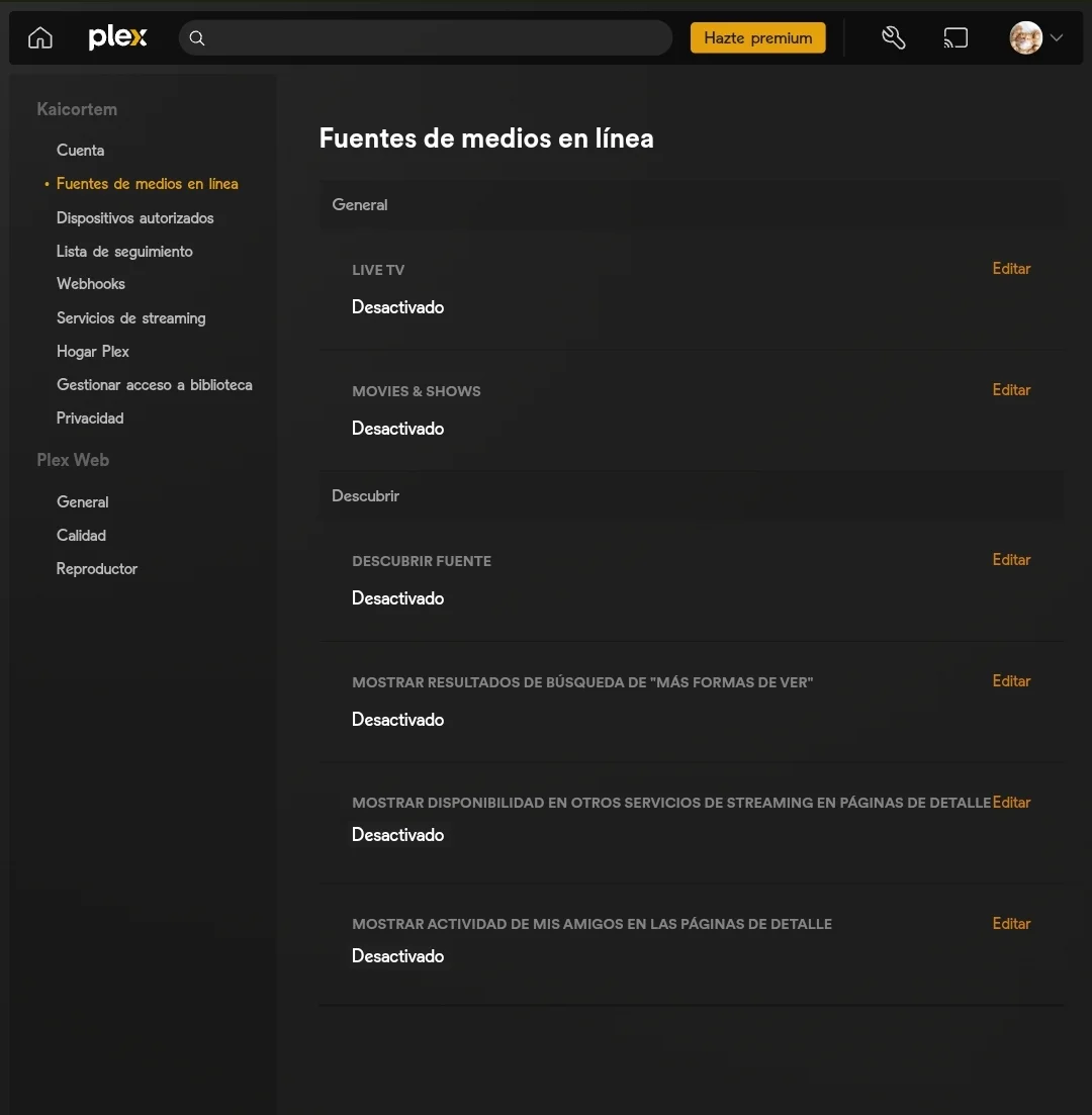 Pantalla de Fuentes de medios en línea en Plex con las seis opciones en Desactivado